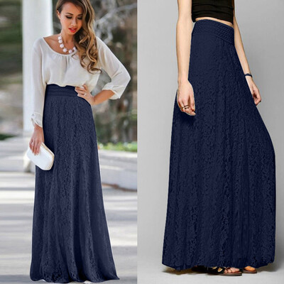 

Roseonmyhand Women Lace Double Layer Pleated Long Maxi Skirt Elastic Waist Skirt