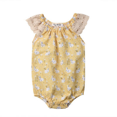 

2019 My 1st Easter Newborn Baby Girls Sleeveless Lace Ruffle Rabbit Romper Bodysuit Sunsuit Outfits Clothes