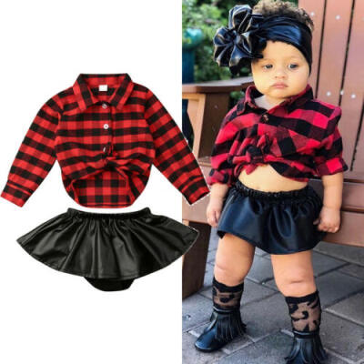 

Fashion Newborn Kids Baby Girl Xmas Clothes T-shirt TopsLeather Skirt Dress Set