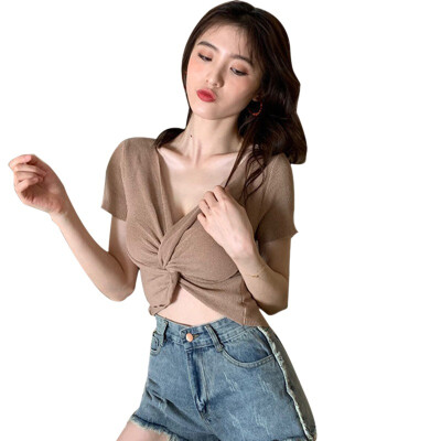 

Women V Neck Solid Slim Knitted Crop Top Pullover Crisscross Shirt