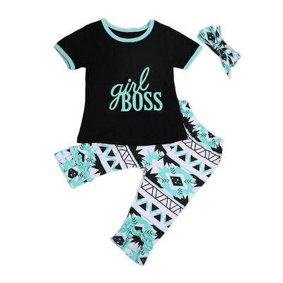 

Summer Toddler Kids Girls Clothes Short Sleeve T-shirt TopsPants 3PCS Set Outfits