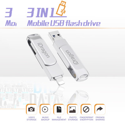 

iDragon IPhone USB30 Flash Drive 64GB Memory Stick U Disk External Storage 3in1 Trinity USB for iOS Android Type-C&Computers