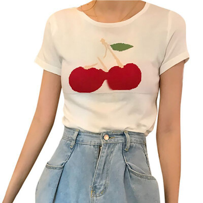 

Summer T-Shirts Women Short Sleeve Cherry Print Tops Shirts Ladies Stretch Casual Solid Color female T-Shirts