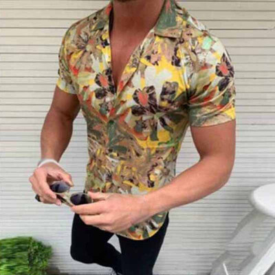 

Mens Casual Slim Fit Hawaiian Style Shirts Floral Print Tops Button Down T-shirt