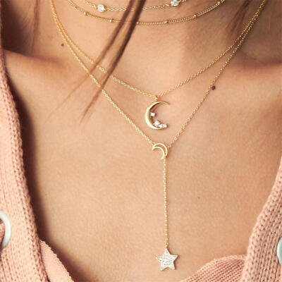 

Bohemian Fashion Stars Moon Beaded Crystal Pendant Clavicle Chain Women Charm Multilayer Necklace Party Temperament Jewelry