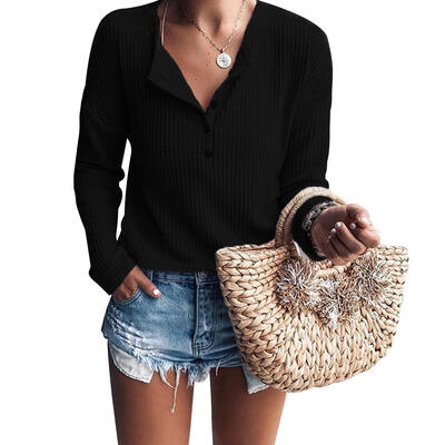 

Women T-Shirt Long Sleeve Solid Striped Slim Fit Buttons Autumn Winter Tops