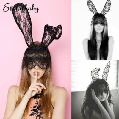 

Halloween Costume Party Rabbit Bunny Ears Headband With Lace Eye Mask Black