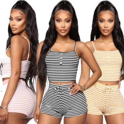 

US Womens Underwear Sexy Lingerie Pajamas Striped Crop Tops Bralette&Panty Sets