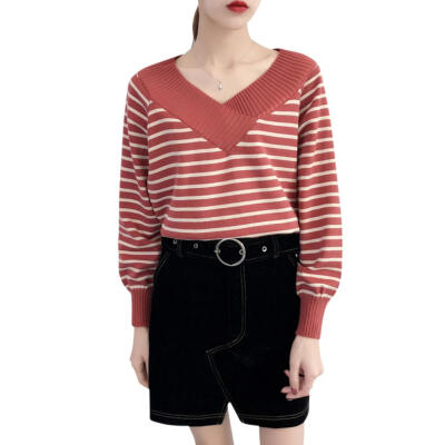 

Loose Women Knit Sweater Fashion Stripes Base Shirt Long Sleeves Tops