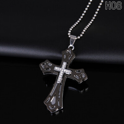 

High Quality Black Silver Stainless Steel Cross crystal Pendant Mens Necklace