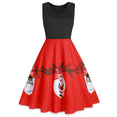 

Tailored Womens Fashion Straps Vintage Santa Claus Snowflake Print Christmas Dress