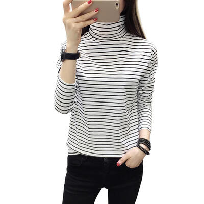 

Women Black White Striped Long Sleeve T-Shirt Korean Style Turtleneck Tops