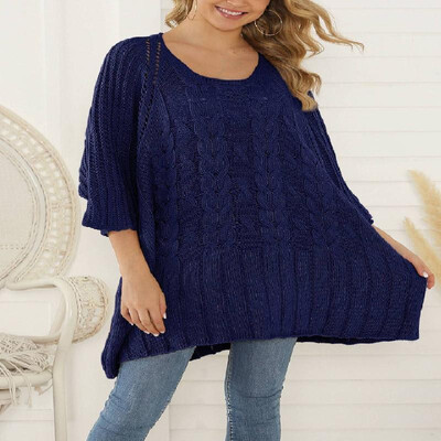 

Solid Cable Eyelets Scoop Three-quarter Batwing Sleeves Knit Sweater