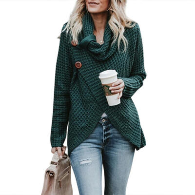 

Fashion Irregular Women Knitted Sweater Heap Collar Autumn Button Coat Tops