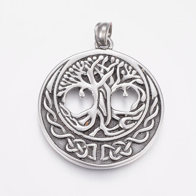 

304 Stainless Steel Pendants Flat Round with Tree of Life Antique Silver 43x38x3mm Hole 6mm