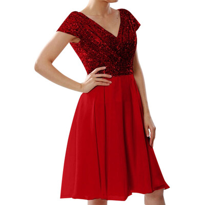 

〖Follure〗2019 Women Fashion Short Sleeve Deep V-neck Sequins Patchwork Elegant PartyDress