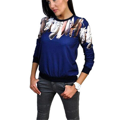 

Women Casual Pullover Feather Printed O Neck Long Sleeve Sweatershirt