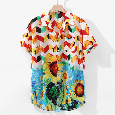 

Toponeto Mens Hawaiian Sunflower Pocket Short Sleeve Round Hem Loose Shirts Print Blouse