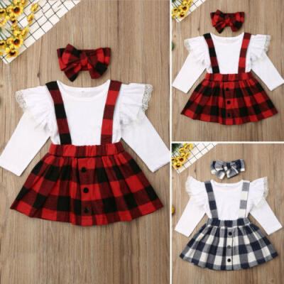 

UK 3PCS Toddler Baby Girls Clothes Fly Sleeve Lace Tops Plaid Bib Skirt Outfit