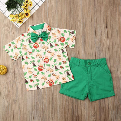 

2PCS Toddler Kids Boy Shorts Outfits Cartoon Animals Short Sleeve ShirtsGreen Short Pants Formal Clothe