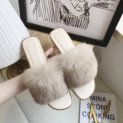 

Summer 2019 Korea retro wear sweet chic Joker net red flat padded mink Mao Mao slippers