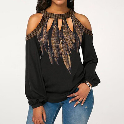 

Women Fashion Loose Casual Long Sleeve Off Shoulder Floral Print Autumn Hollow Out Pullovers Blouse