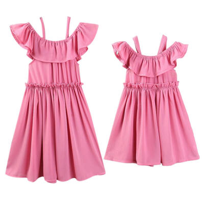 

Sweet Mother Daughter Girls Ruffle Beach Casual Pink Dress Matching Outfits