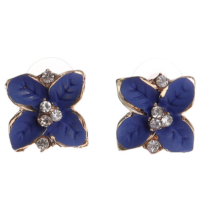 

New Elegant Exquisite Noble Frosted Blue Flower Ladies Gold Color Rhinestone Earrings Piercing Clip Earrings Women