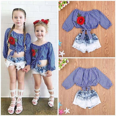 

Fashion Kid Baby Girl Crop Tops T Shirts Blouse Denim Short Jeans Pants Outfit A