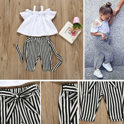 

2PC Kids Baby Girl Summer Off Shoulder Tops Stripe Pants Outfits Sunsuit 2-6Y