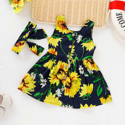 

Toddler Baby Girls Sleeveless Sunflower Print DressHeadband Outfits