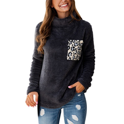 

Hoody Women Plush Leopard-print Sweatshirt Pocket Stitching Long Sleeve Casual Plus Size Warm Winter Autumn Loose Tops
