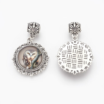 

Alloy European Dangle Beads Large Hole Pendants with Glass Cabochons Flat Round with Owl Antique Silver 4748mm Hole 5mm