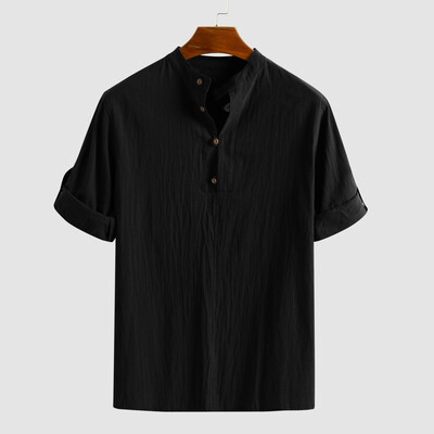 

Toponeto Mens Baggy Linen Blend Solid Color Three Quarter Sleeve Stand Collar Shirts