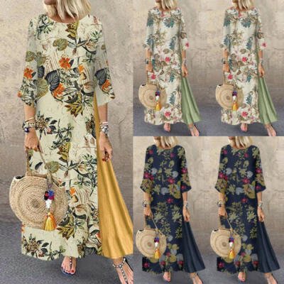 

US Lady Casual Splice Party BeachSummer Boho Cotton Linen Half Sleeve Maxi Dress