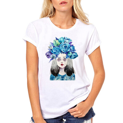 

Starmoon Women Cartoon Girl Print Round Neck Short Sleeved White T-shirt