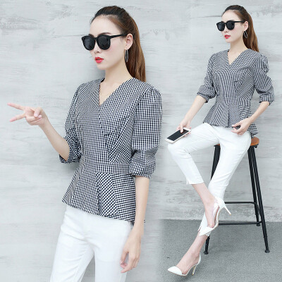 

Women Ladies Fashion Slim V-neck Tops Long Sleeve Plaid Casual Shirt Tight Soft