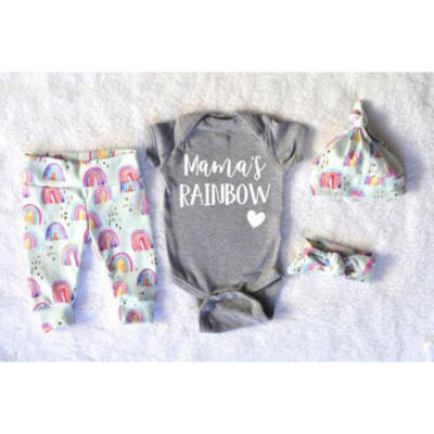 

US Newborn Baby Girl Princess Clothes Romper TopsPants Hat 4pcs Rainbow Outfits