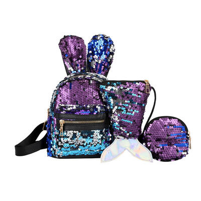

3pcsset Shiny Sequin School Backpack Women Rabbit Ear Rucksack Purse Bags