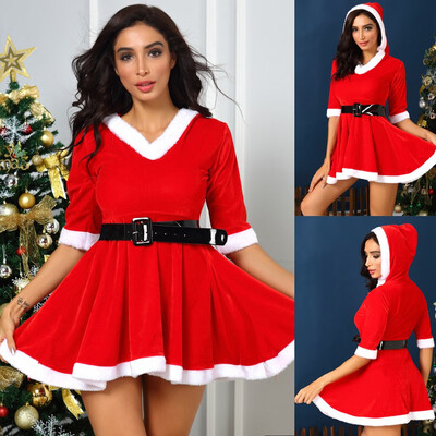 

Gobestart fashion Women Christmas Festival V-Neck Sleeve Hooded Dress With Belt -3XL