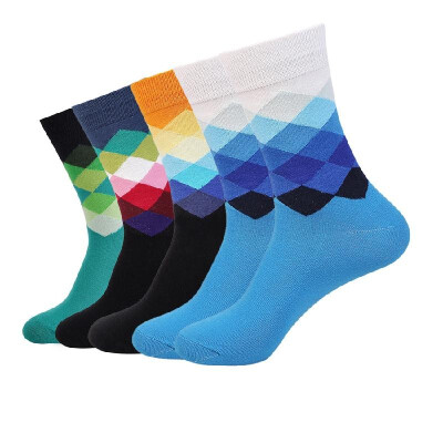 

5 Pairs of Mixed Color Men Cotton Socks Diamond Shaped Middle Tube Breathable Socks One Size