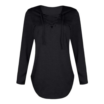 

T-shirts Autumn Fashion Women Long Sleeve Winter Sexy Deep V Neck Bandage Shirts Women Lace Up Tops Tees Clothes Solid