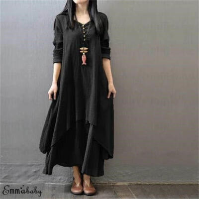 

New Women Autumn Fashion Long Sleeve Linen Solid Boho Loose Long Maxi Dress Plus Size