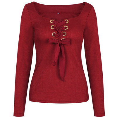 

Sexy U Neck Strap Female T shirt Bow Bandage Autumn Summer T Shirt Long Sleeve Tops Casual Top Slash Neck Buckles 4 Colors Tee