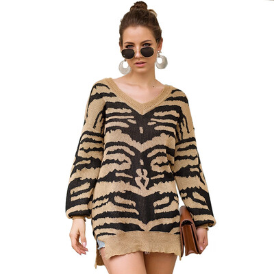 

Women Autumn All-match Loose Long Sleeve V-collar Long Style All-match Color-blocked Sweater