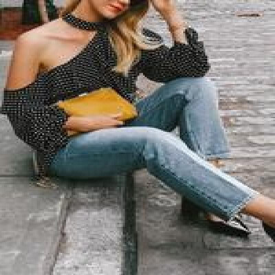 

Amazon wish hot European&American womens sexy leaking shoulder ruffled straps long-sleeved shirt black