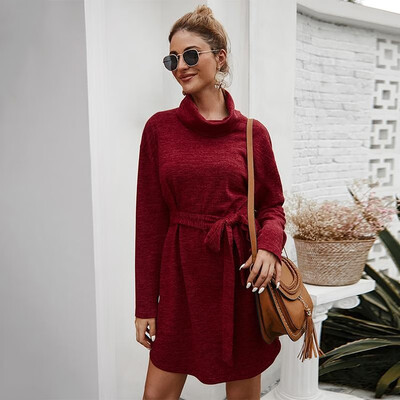 

Women Dress Solid Color High Cowl Neck Dropped Shoulder Long Sleeve Tied Bandage Waist Loose Casual One-Piece