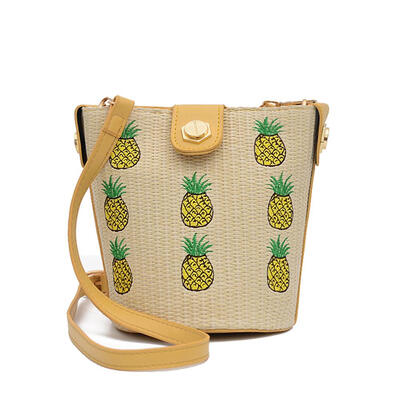 

Printing Shoulder Messenger Handbags Women Straw Woven Crossbody Bucket Bag