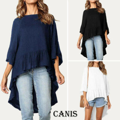 

Fashion Women Long Sleeve Asymmetrical Waterfall Shirt Tops High Low Plus Blouse