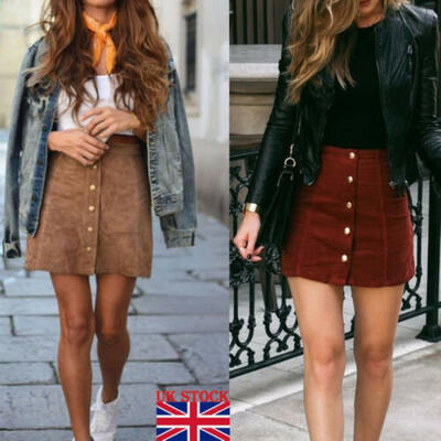 

Women High Waisted Pencil Skirt Bodycon Button Suede Leather Short Mini Skirts
